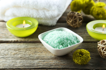 Sea salt on wooden background
