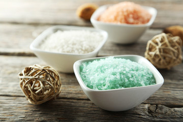 Sea salt on wooden background