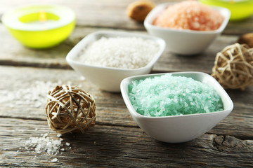 Sea salt on wooden background