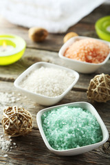 Sea salt on wooden background