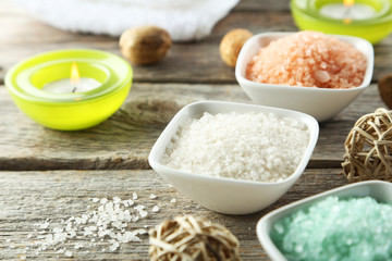 Sea salt on wooden background
