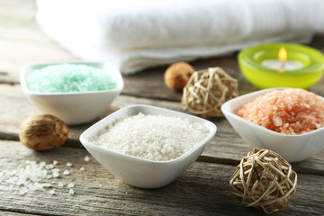 Sea salt on wooden background