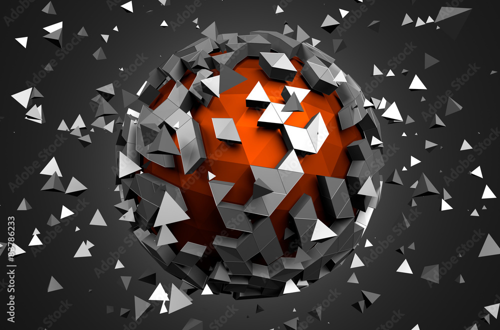 Poster abstract 3d rendering of low poly sphere with chaotic structure.