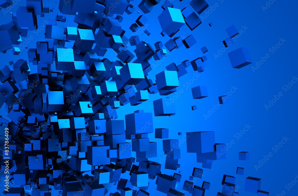 Poster abstract 3d rendering of flying cubes.