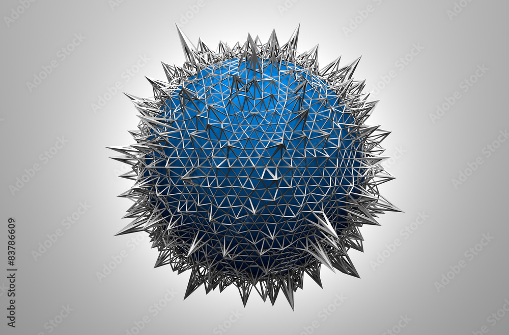 Poster abstract 3d rendering of blue sphere with chaotic structure.