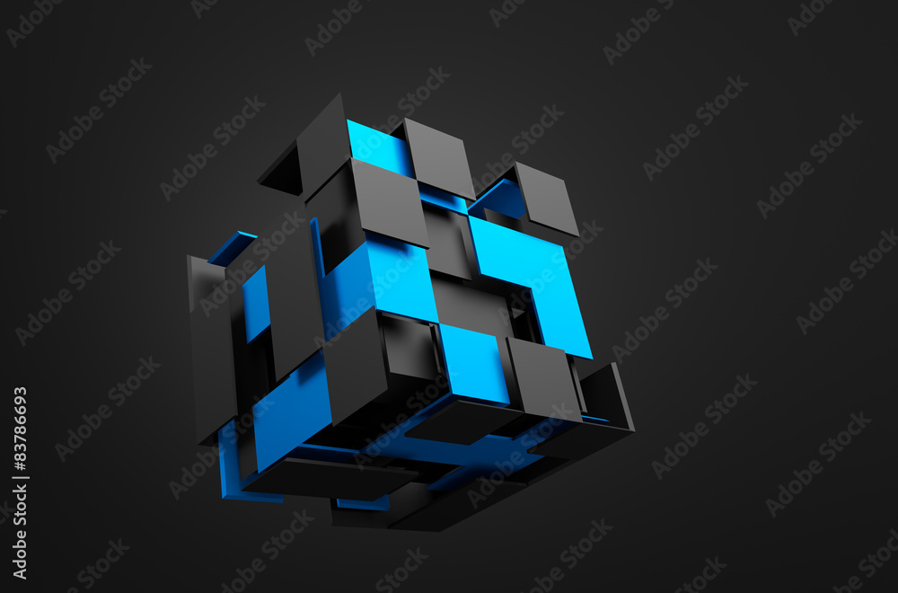 Poster abstract 3d rendering of flying cube.