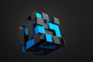 Abstract 3d rendering of flying cube.