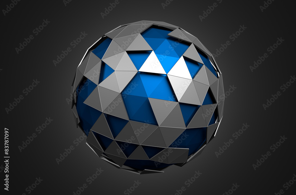 Poster abstract 3d rendering of low poly blue sphere with chaotic