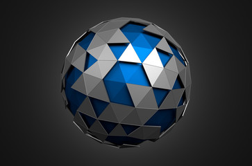 Abstract 3d rendering of low poly blue sphere with chaotic