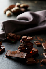 Chocolate plates tower on black background