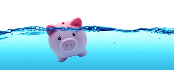 Piggy bank drowning in debt - savings to risk
 - obrazy, fototapety, plakaty