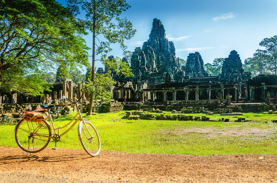 Bike tourist visiting Angkor Thom, Cambodia