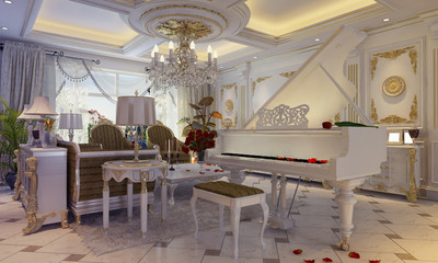 3D illustration of a drawing room in classical style with a gran
