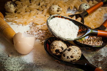 Ingredients for the dough wooden table