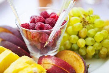 Closeup of fruit and berries in a sweet bar
