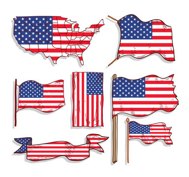  Flags and map of united states of america , icon collection.