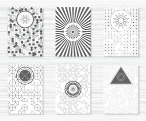 Set of flyers with geometric patterns and hipster icons