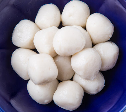 Fish balls in a blue bowl 
