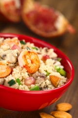 Couscous with shrimp, mushroom, almond, pomegranate