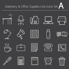 Office Supplies and Stationery Objects Linear Icons Set A