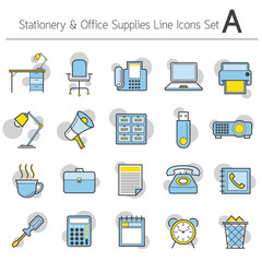 Office Supplies and Stationery Objects Linear Icons with Colors