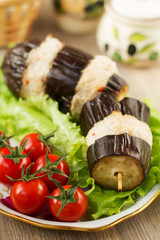 Fototapeta na wymiar Baked eggplant with meat and fresh salatlm
