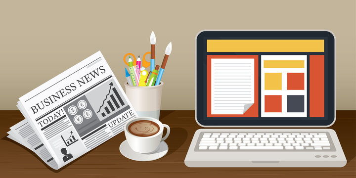 Laptop Newspaper Coffee Cup and Stationery Object