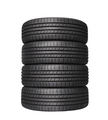 four automobile black rubber tires isolated on white background