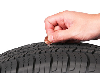 hand with american cent coin check tire condition isolated on wh