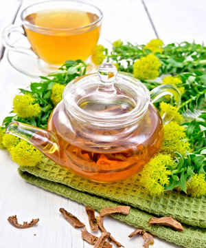 Tea of Rhodiola rosea in glass teapot with cup on board
