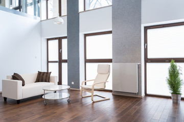 Spacious living room with white sofa