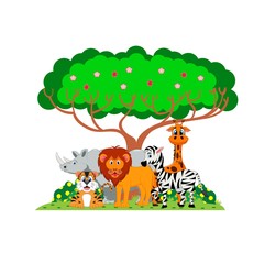 Lion, tiger, zebra, rhino and giraffe were playing under a tree