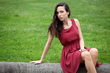 Outdoor portrait of fashion brunette model