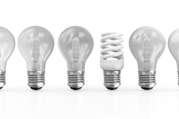 Modern Fluorescent Light Bulb standing out from the others Light Bulbs isolated on white background