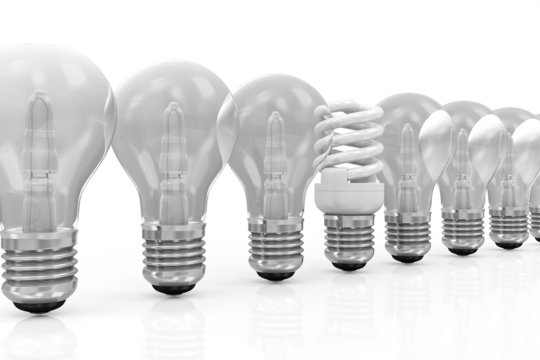 Modern Fluorescent Light Bulb standing out from the others Light Bulbs isolated on white background