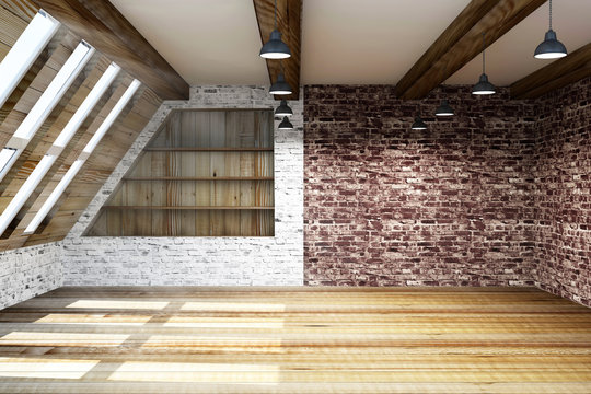 Modern Empty Mansard Room Interior with Large Windows. 3D Rendering