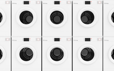Close-up View at Row of Modern Washing Machines Abstract Background. Laundry Concept