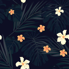 Bright colorful tropical seamless background with leaves and