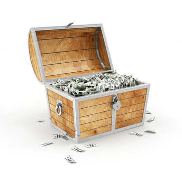 Business and Financial Concept. Treasure Chest with Heap of Dollar Bills isolated on white background