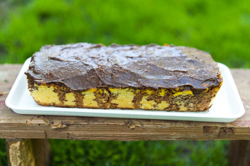Coconut flour cake with chocolate on top