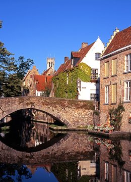 Canalside buildings and bridge, Bruges.