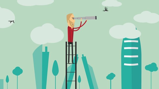 Urban cartoon businessman on a ladder with a telescope