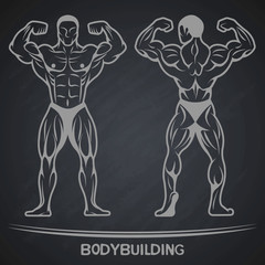 Bodybuilder in two positions on a dark background.