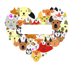 Dogs and cats face in heart-shape