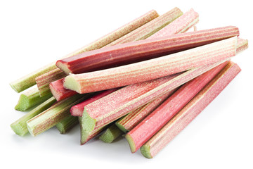 Rhubarb stalks on the white background.