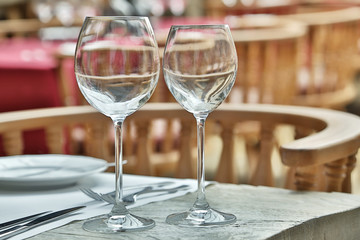 Table setting with wine glasses at the vintage cafe.