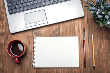 Cup Of Coffee, Sketchbook, Pencil And Brush Near Notebook