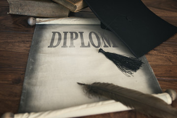 Doktorhut und Diplom, mit Text
