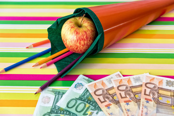 rosa Schultüte mit Buntstiften und Euro Geldscheinen