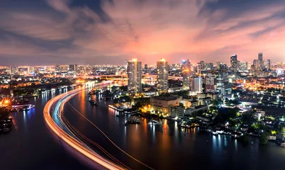 Foto auf Glas Chao Phraya Fluss bei Nacht Bangkok City © anuchit2012